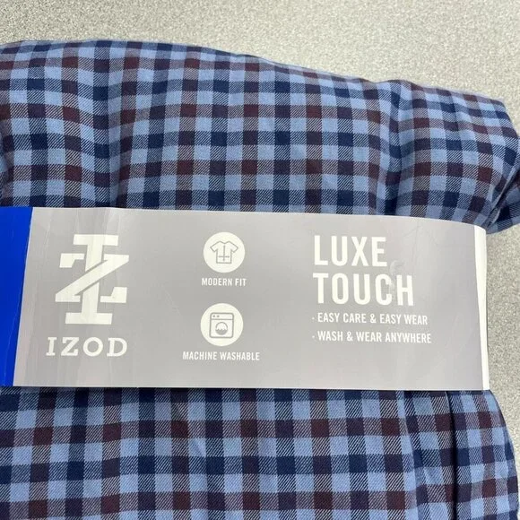 Izod Luxe Touch Men's L Modern Fit Blue Checkered Button-Up Dress Shirt M0429 - Picture 8 of 13